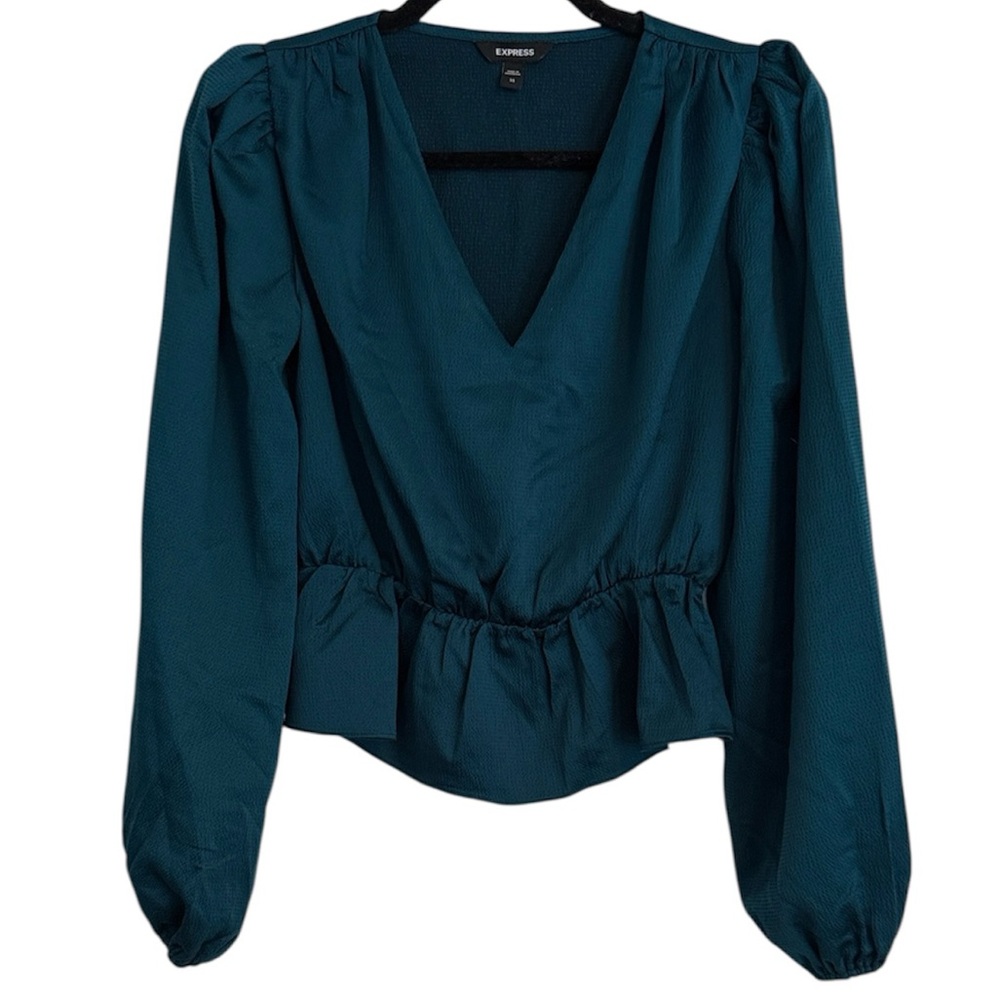 ☀️ Express Dark Teal Puff Sleeve V-Neck Blouse